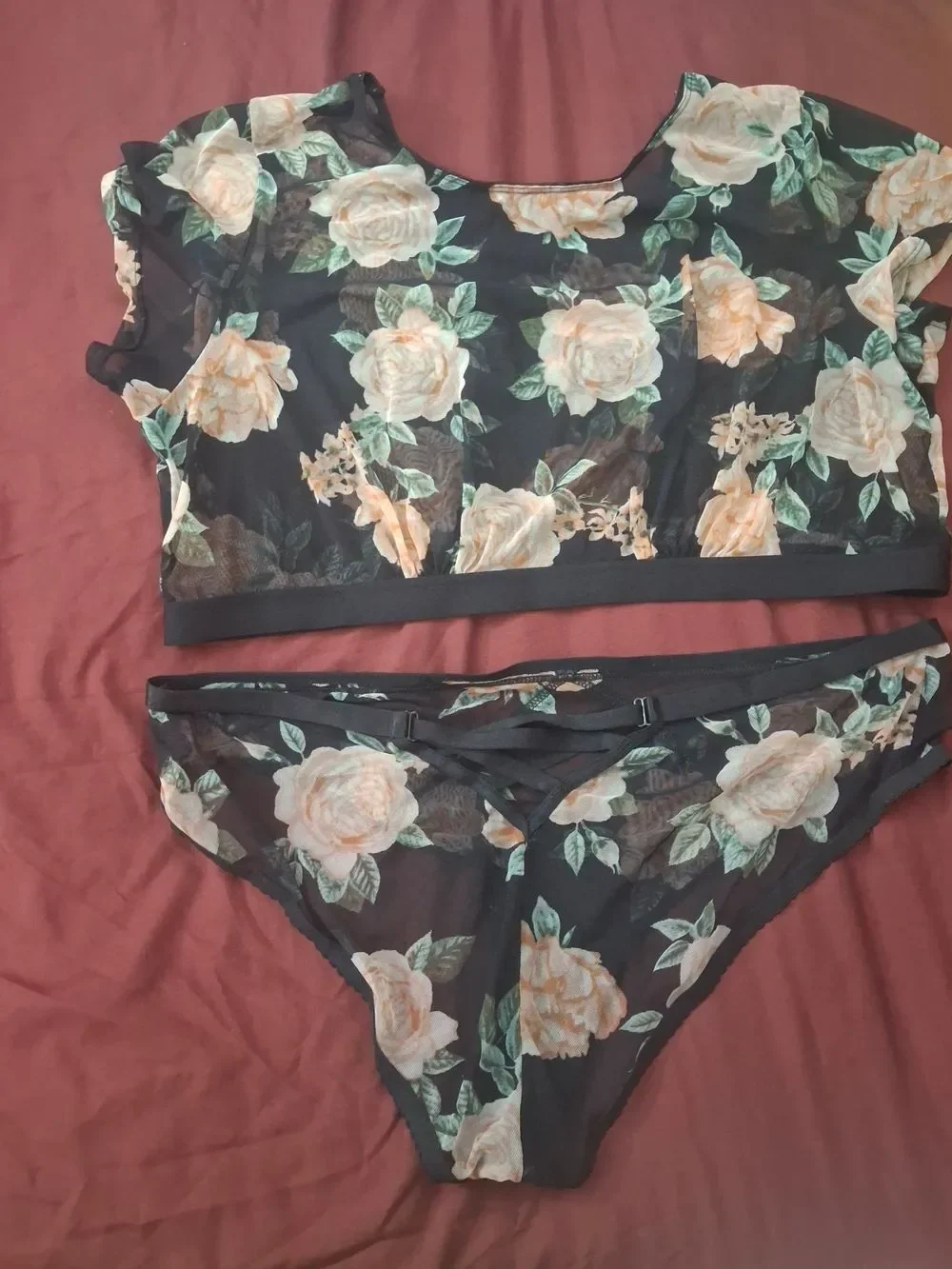 Sheer Floral Mesh Crop Top & Bikini Set - Black with Pink Roses